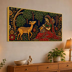 Indian Folk Musician with Deer Embroidery Tanjore Style 3D Canvas Wall Painting