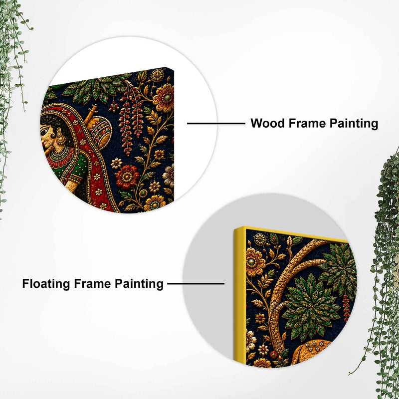 Indian Folk Musician with Deer Embroidery Tanjore Style 3D Canvas Wall Painting