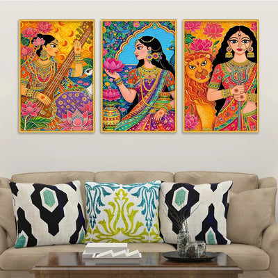 Indian Goddess Art Canvas Wall Painting Set of Three