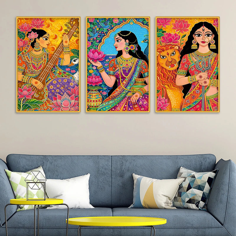 Indian Goddess Art Canvas Wall Painting Set of Three