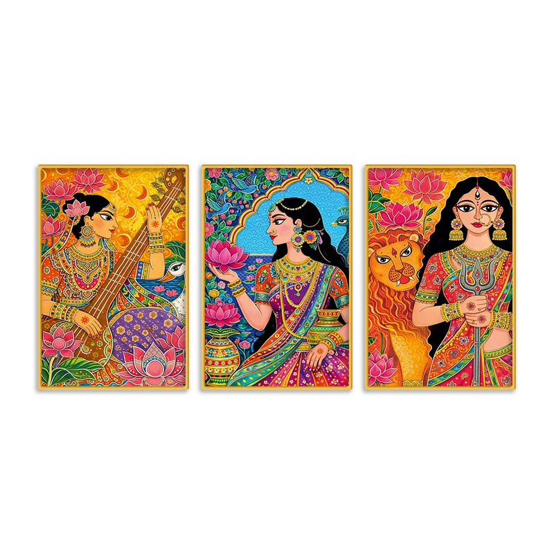 Indian Goddess Art Canvas Wall Painting Set of Three