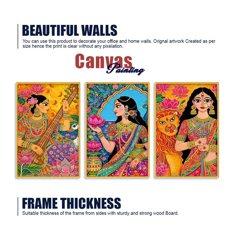 Indian Goddess Art Canvas Wall Painting Set of Three