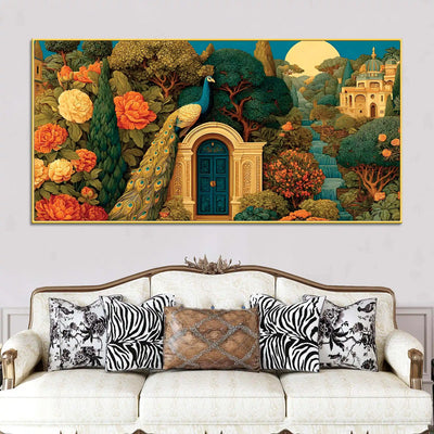 indian-heritage-peacock-in-secret-garden-of-a-palace-canvas-wall-painting