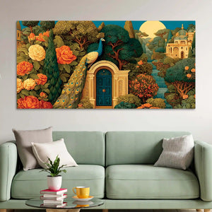 Indian Heritage Peacock In Secret Garden of a Palace Canvas Wall Painting