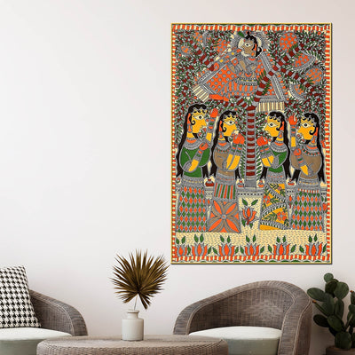Indian Krishna with Gopis Madhubani Canvas Painting