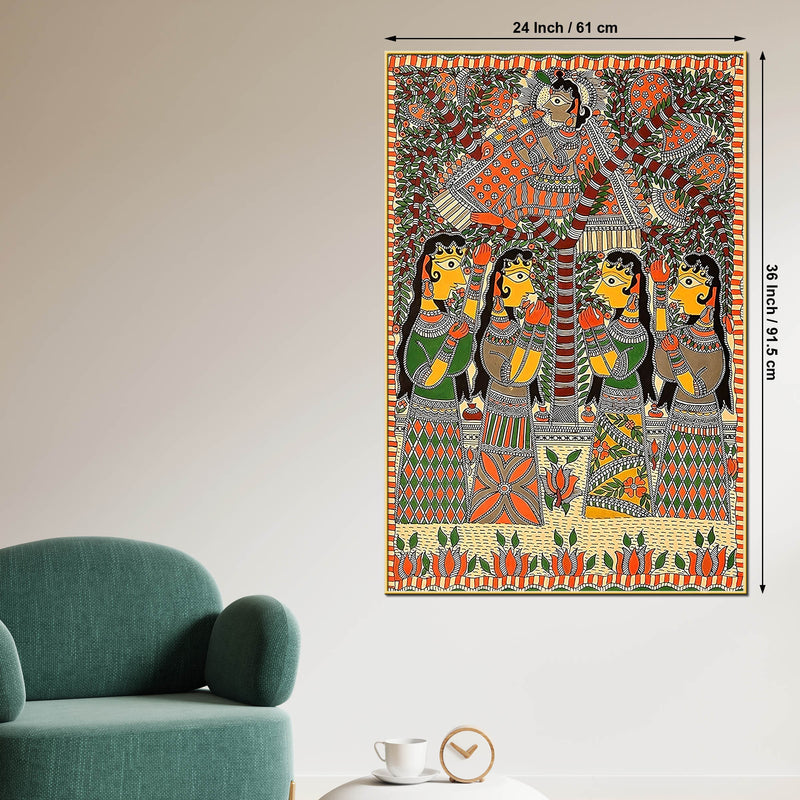 Indian Krishna with Gopis Madhubani Canvas Painting