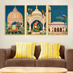 Indian Mughal Garden Canvas Wall Painting Set of Three