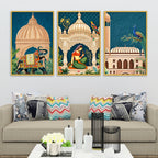 Indian Mughal Garden Canvas Wall Painting Set of Three