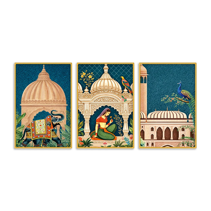 Indian Mughal Garden Canvas Wall Painting Set of Three
