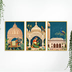 Indian Mughal Garden Canvas Wall Painting Set of Three