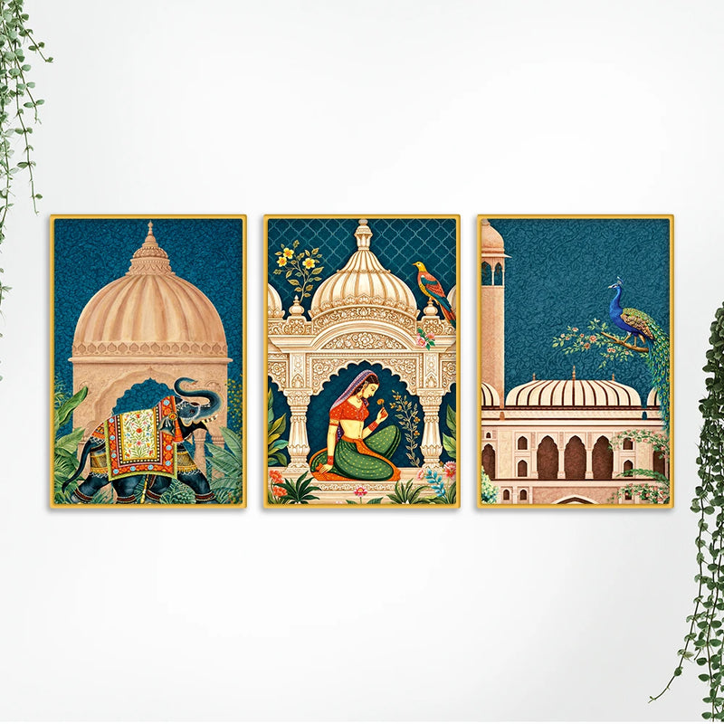 Indian Mughal Garden Canvas Wall Painting Set of Three