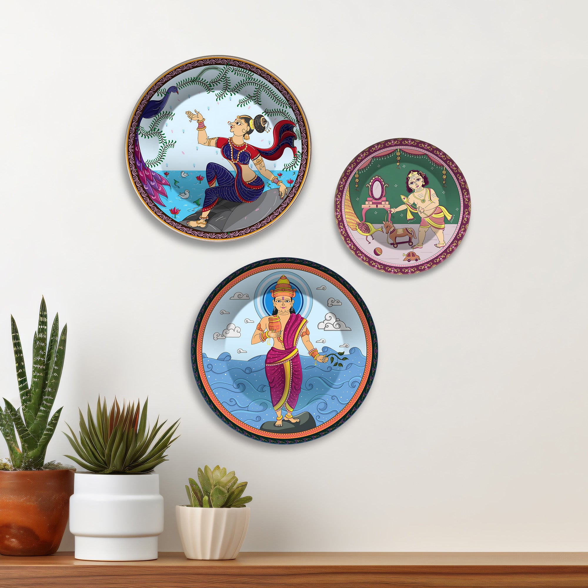 Indian Mythological Divine Tales Premium Wall Plates Painting Set of 3