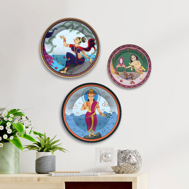 Indian Mythological Divine Tales Premium Wall Plates Painting Set of 3
