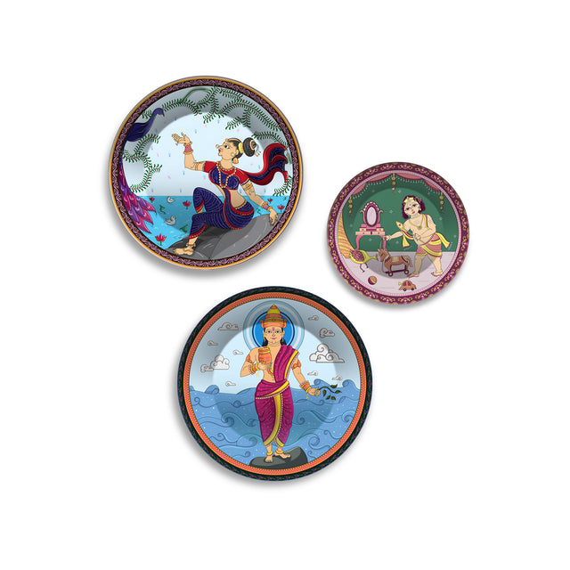 Indian Mythological Divine Tales Premium Wall Plates Painting Set of 3