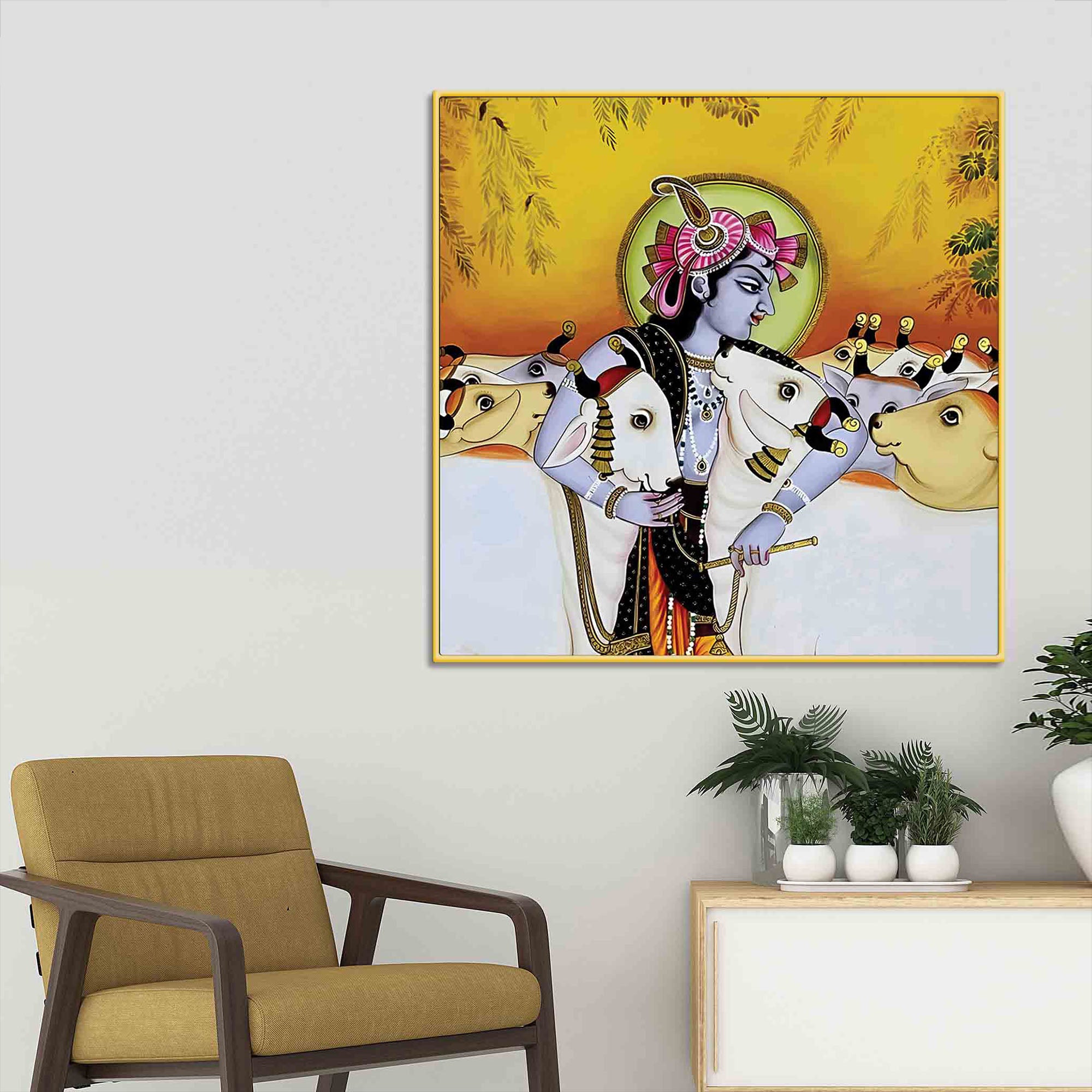 Indian Pichwai Krishna Cow Wall Painting | Temple Wall Décor
