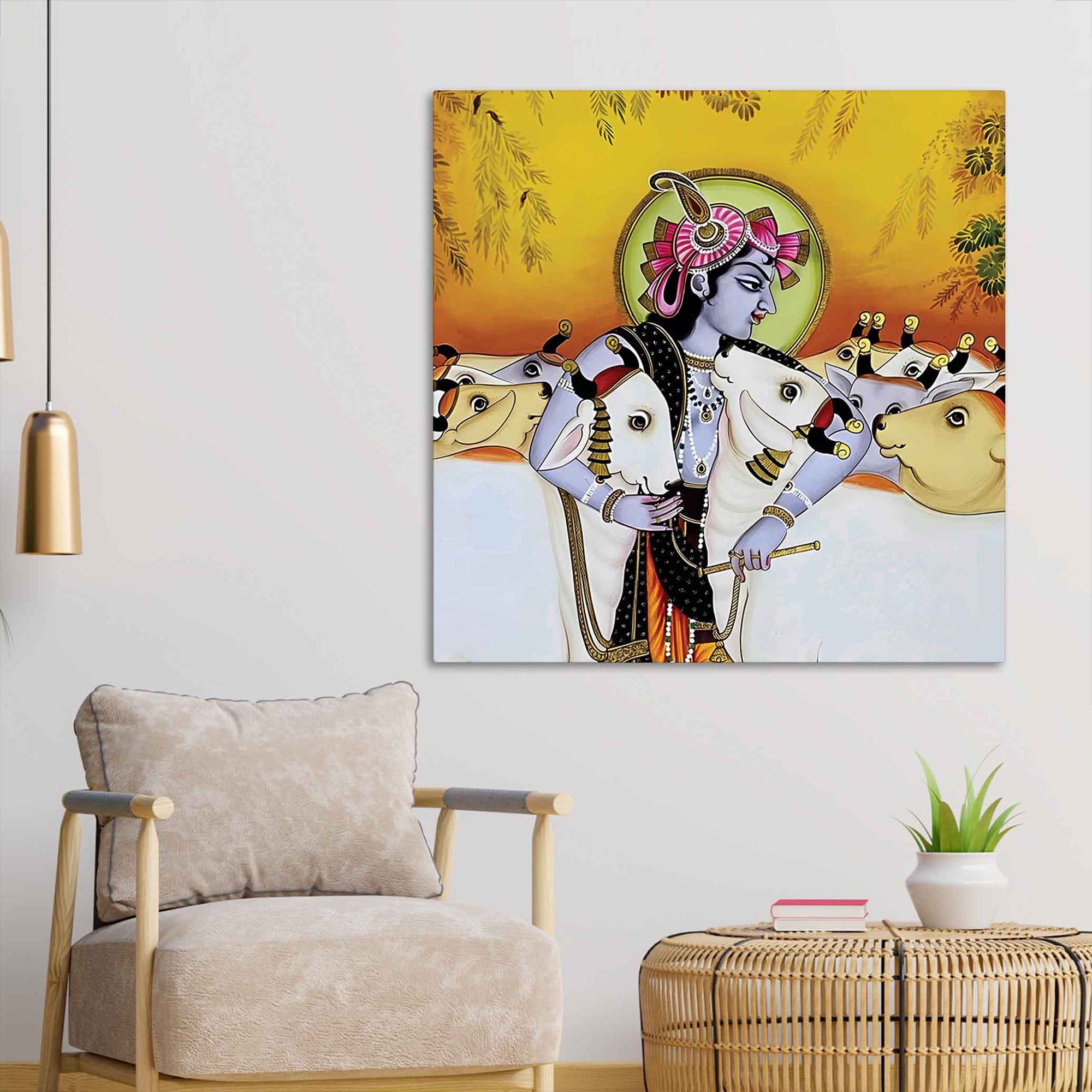 Indian Pichwai Krishna Cow Wall Painting | Temple Wall Décor