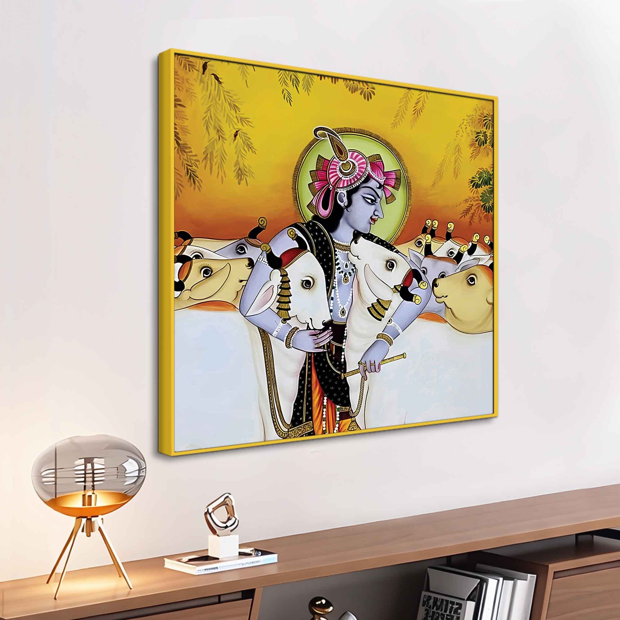 Indian Pichwai Krishna Cow Wall Painting | Temple Wall Décor