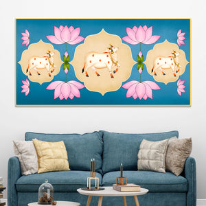Indian Sacred Cow Painting | Lotus Floral Wall Art