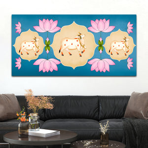 Indian Sacred Cow Painting | Lotus Floral Wall Art