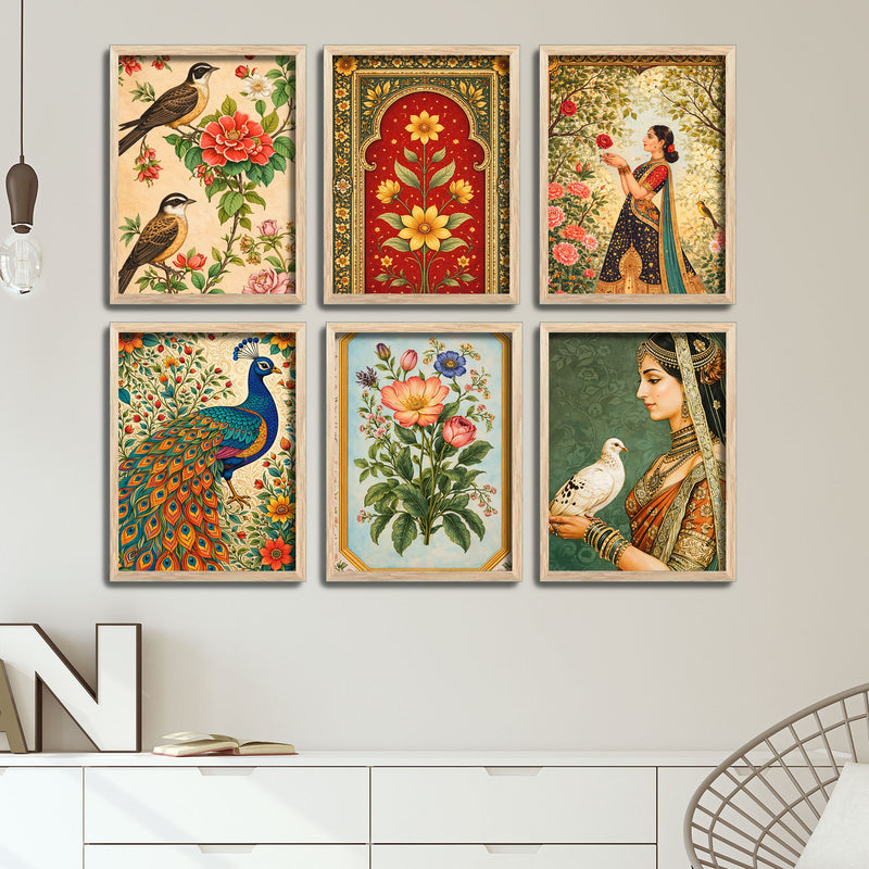 Indian Traditional Art Peacock, Floral & Woman Wall Frame Set of Six