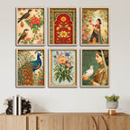 Indian Traditional Art Peacock, Floral & Woman Wall Frame Set of Six