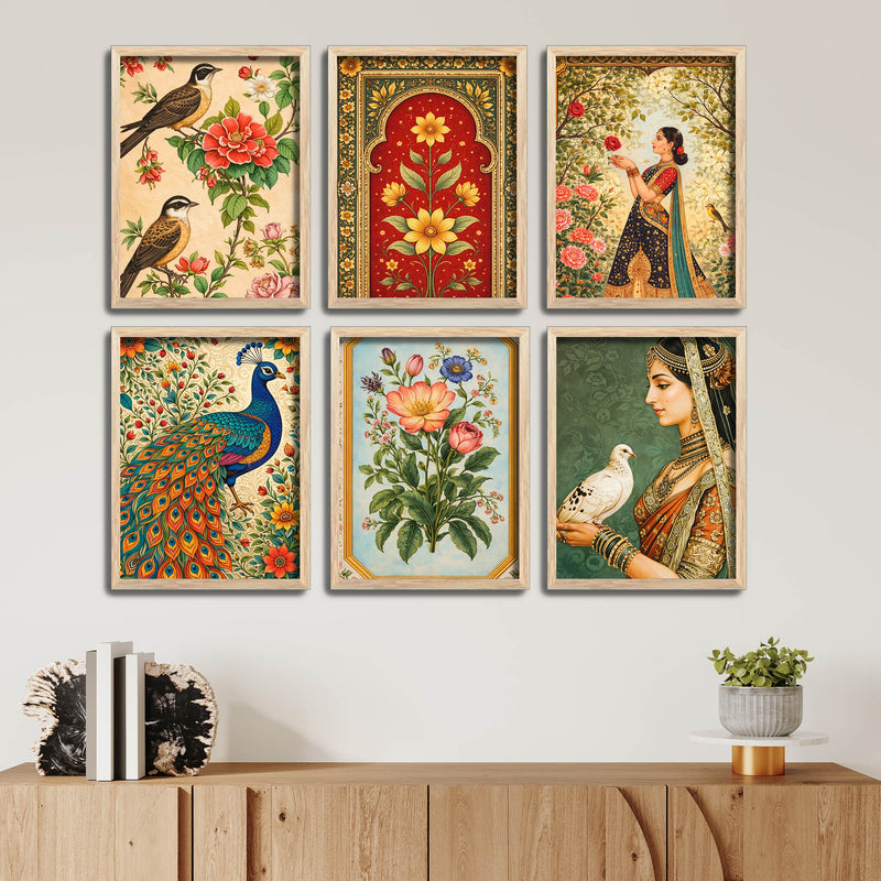 Indian Traditional Art Peacock, Floral & Woman Wall Frame Set of Six