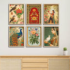 Indian Traditional Art Peacock, Floral & Woman Wall Frame Set of Six