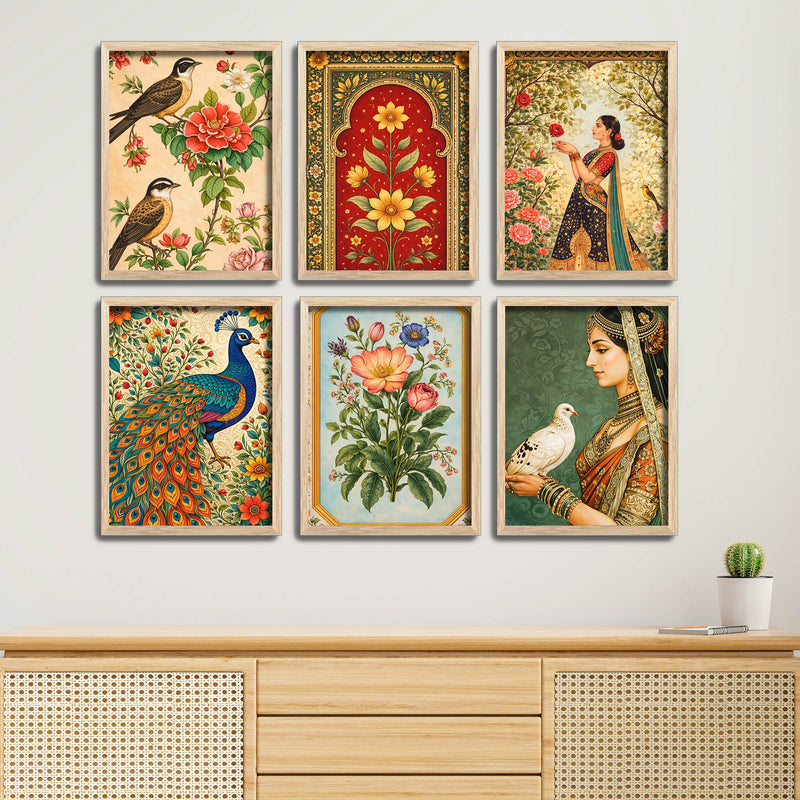 Indian Traditional Art Peacock, Floral & Woman Wall Frame Set of Six