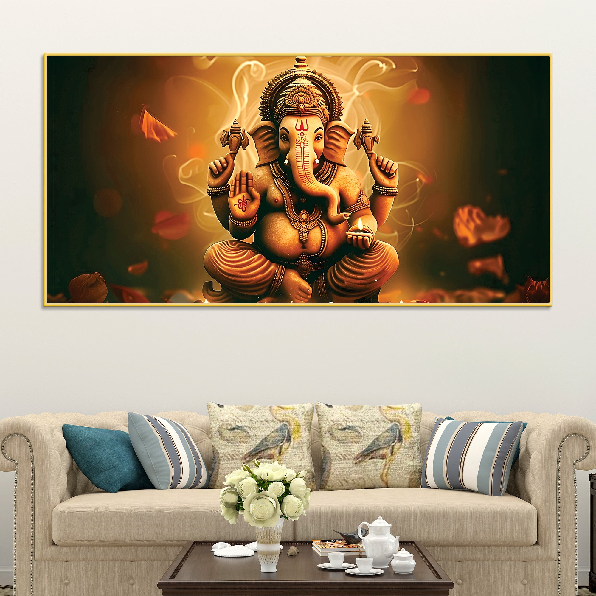 Indian Traditional Lord Shri Ganesh Premium Canvas Wall Painting –  Luxury Spiritual Wall Art for Home & Office Decor