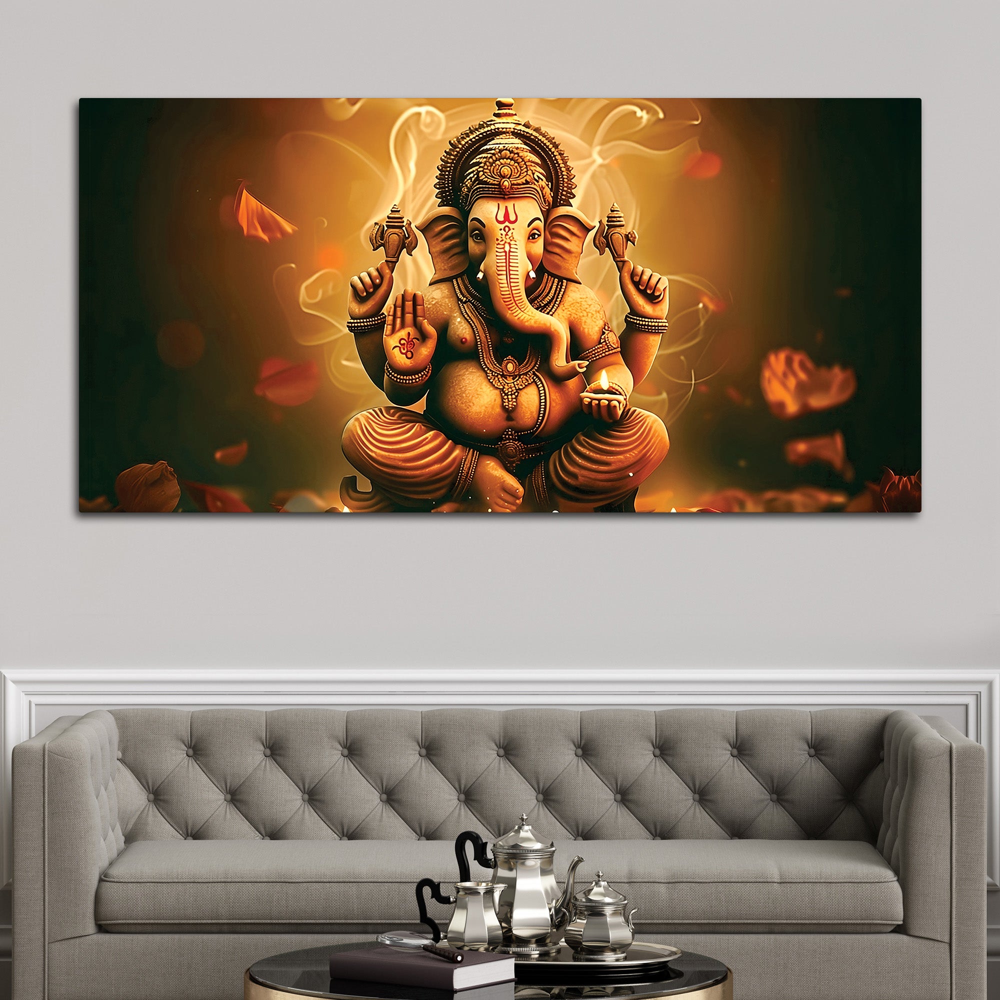 Indian Traditional Lord Shri Ganesh Premium Canvas Wall Painting –  Luxury Spiritual Wall Art for Home & Office Decor