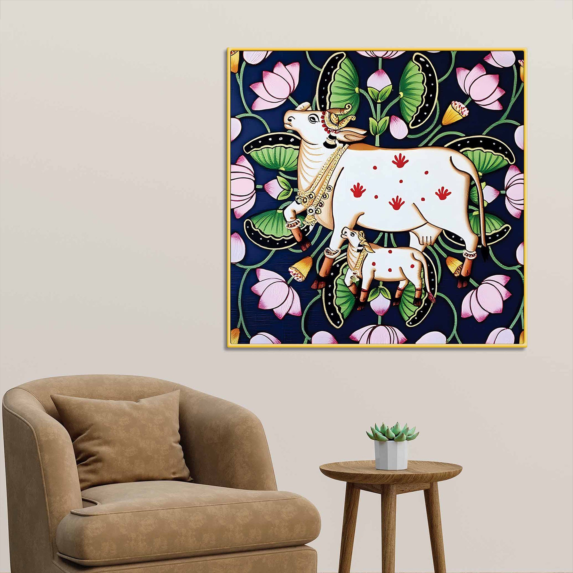 Indian Traditional Pichwai Cow Calf Canvas Wall Painting | Home Décor