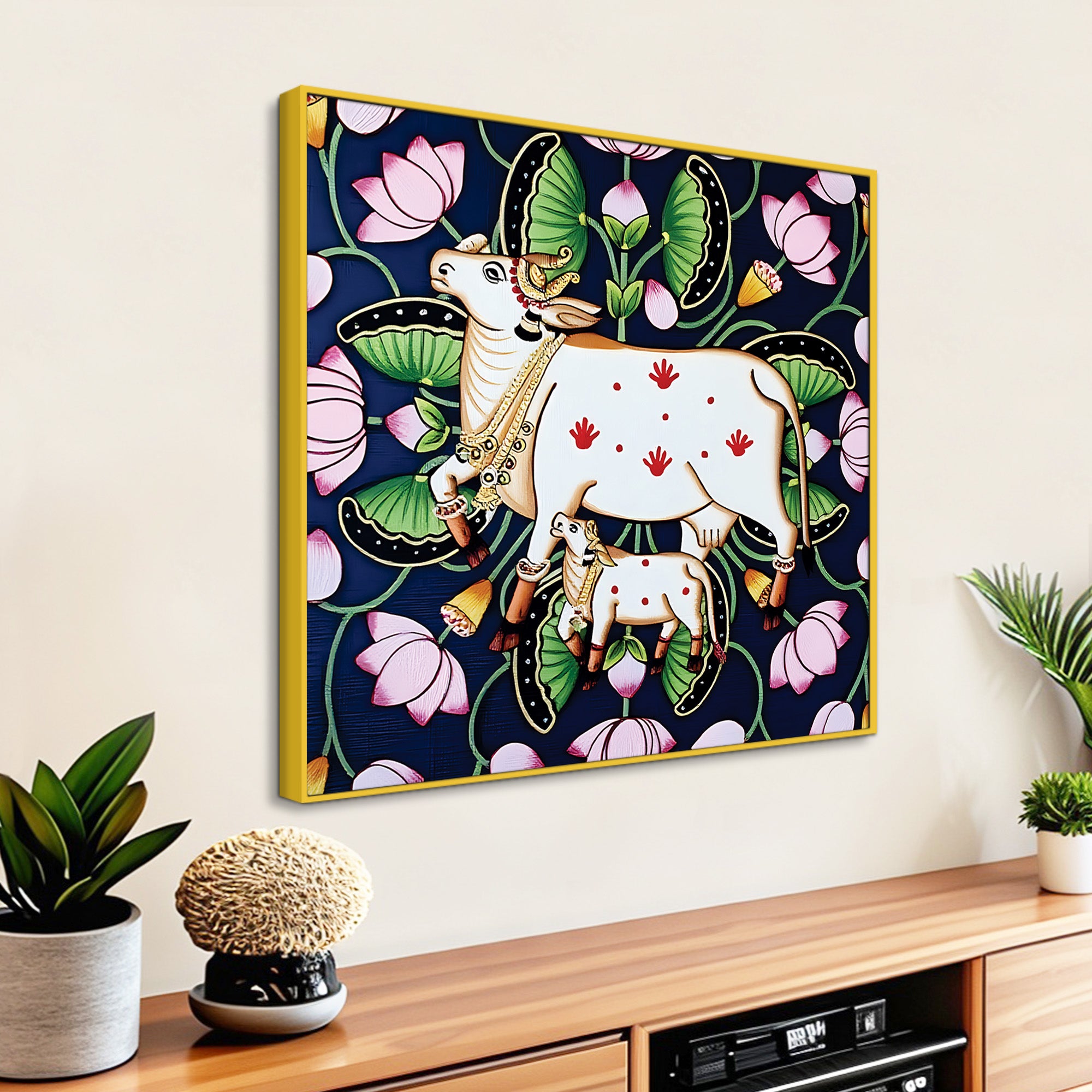 Indian Traditional Pichwai Cow Calf Canvas Wall Painting | Home Décor