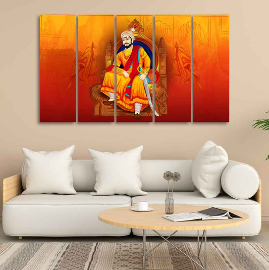 Indian Warrior Chhatrapati Shivaji Maharaj Wall Painting of Five Pieces