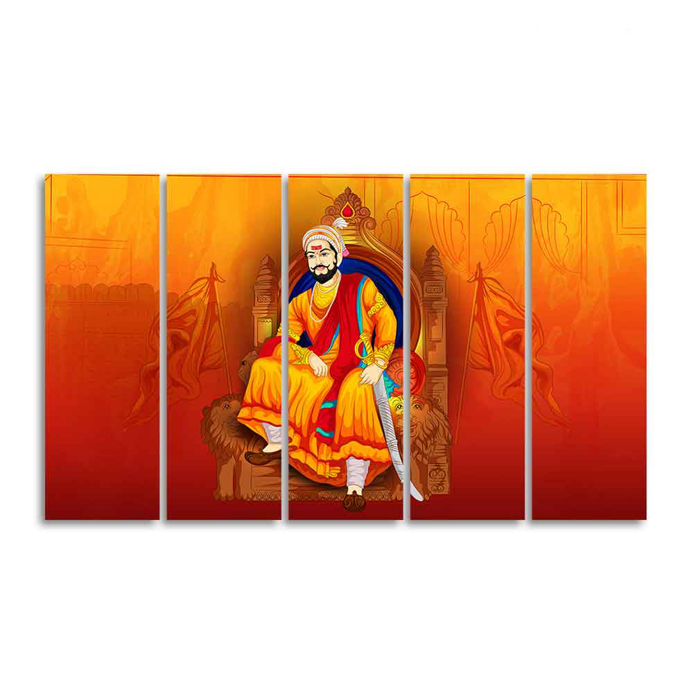 Indian Warrior Chhatrapati Shivaji Maharaj Wall Painting of Five Pieces