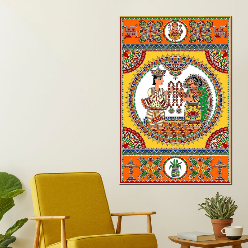 Indian Wedding Madhubani Canvas Painting for Home Wall Decor
