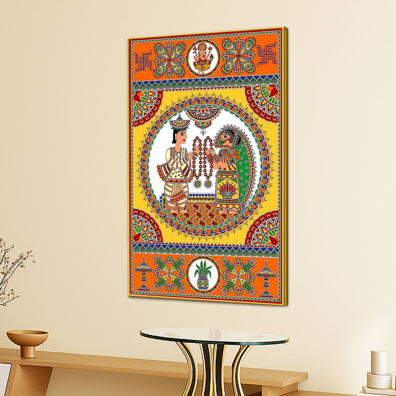 Indian Wedding Madhubani Canvas Painting for Home Wall Decor
