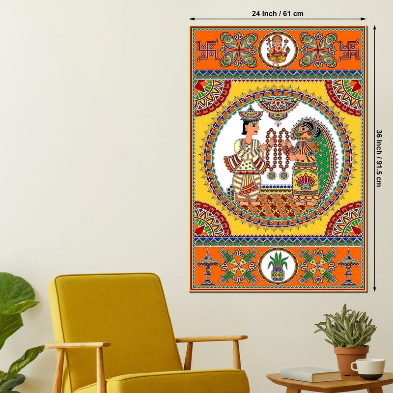 Indian Wedding Madhubani Canvas Painting for Home Wall Decor