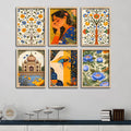 Indian Woman Art, Floral Garden & Taj Mahal Painting Wall Frame Set of Six