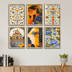Indian Woman Art, Floral Garden & Taj Mahal Painting Wall Frame Set of Six