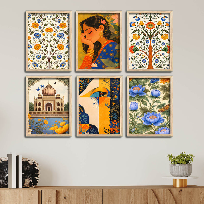 Indian Woman Art, Floral Garden & Taj Mahal Painting Wall Frame Set of Six