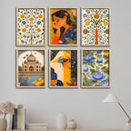 Indian Woman Art, Floral Garden & Taj Mahal Painting Wall Frame Set of Six