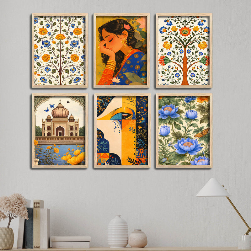Indian Woman Art, Floral Garden & Taj Mahal Painting Wall Frame Set of Six