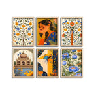 Indian Woman Art, Floral Garden & Taj Mahal Painting Wall Frame Set of Six