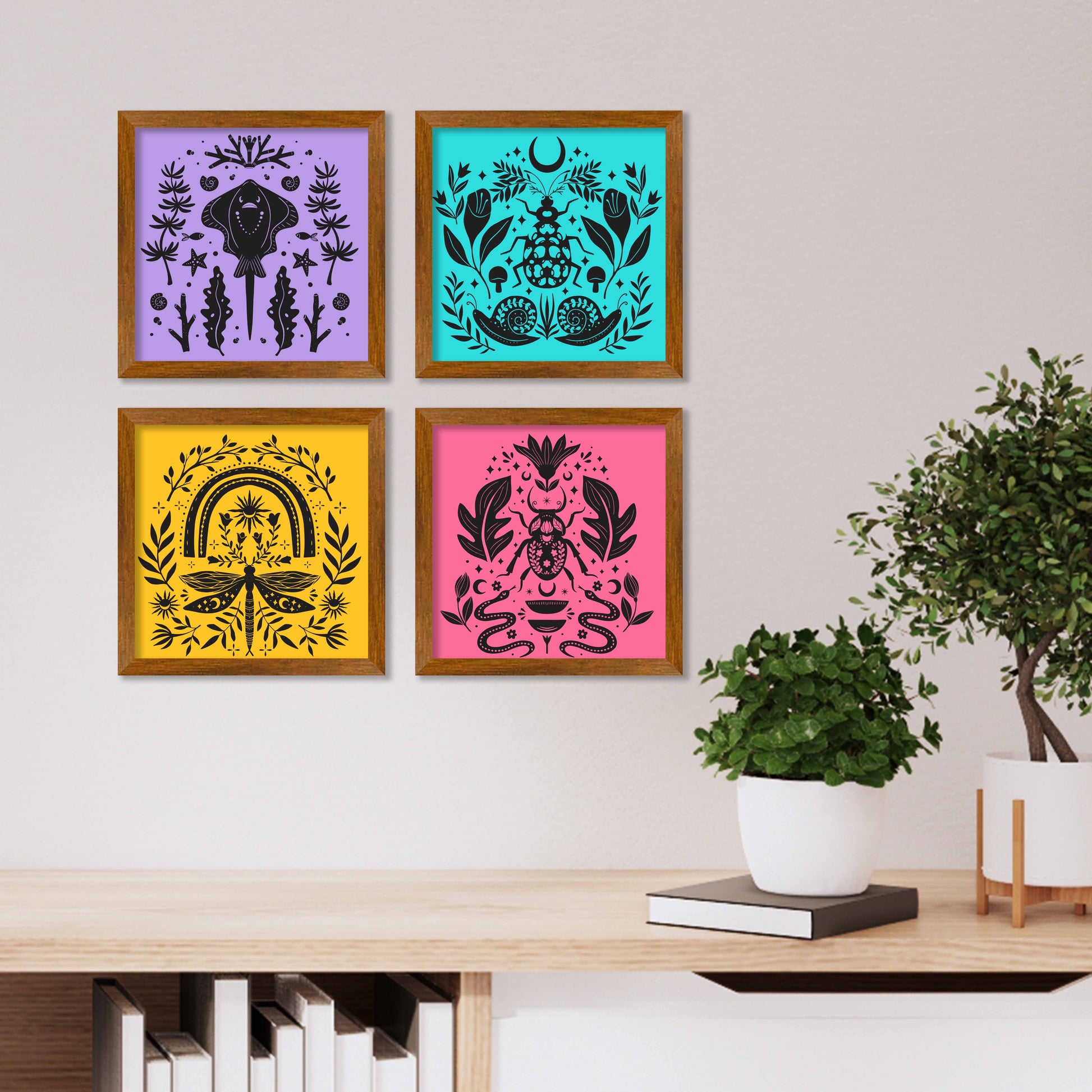 Insects Folk Art Wall Frame Set of Four