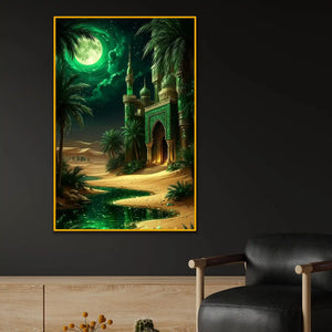 Islamic Desert Mosque Night Floating Frame Crystal Wall Painting