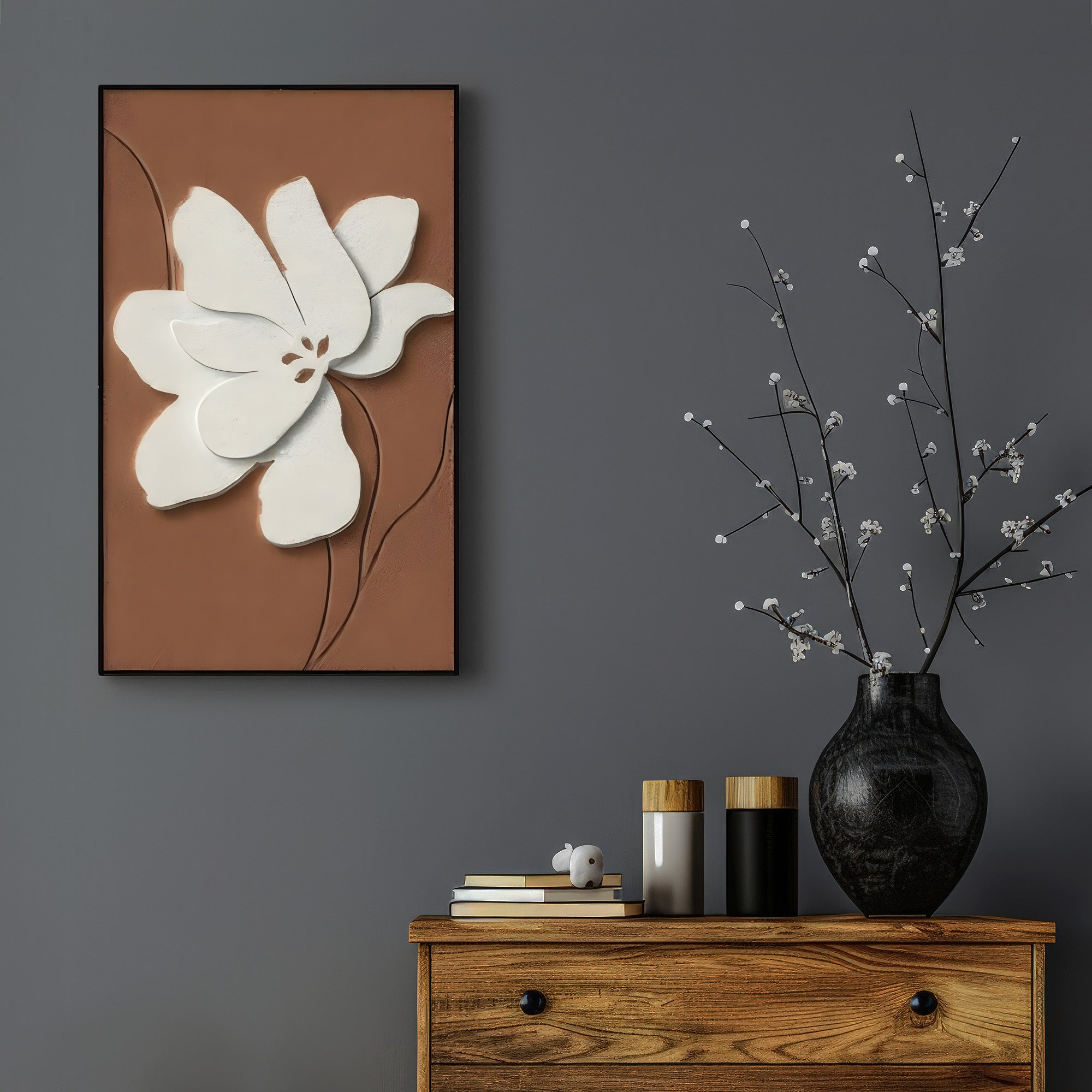 Ivory Flower on Terracotta Relief Frame 3D Wall Art Home Decor