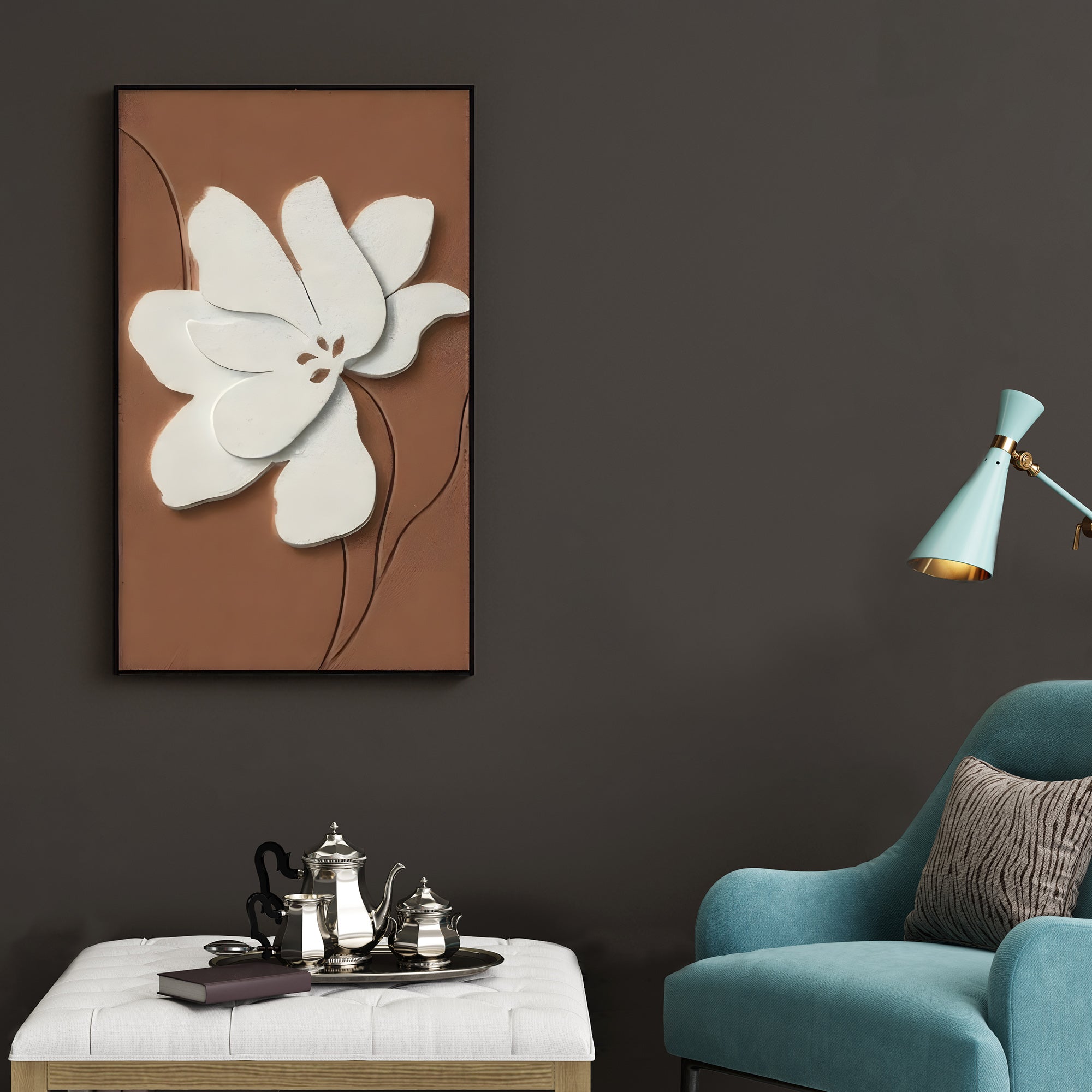 Ivory Flower on Terracotta Relief Frame 3D Wall Art Home Decor