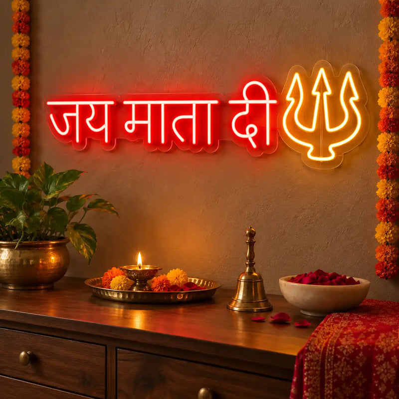 Jai Mata Di Neon Wall Light with Trishul for Home, Mandir & Shop Decoration