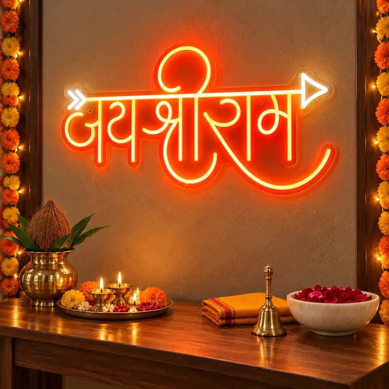 Jai Shri Ram Hindi Neon Wall Light with Arrow for Home & Mandir