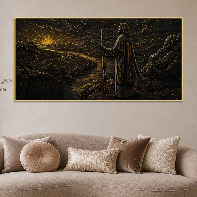 Jesus Christ at Sunrise Black & Gold Metallic Look 3D Canvas Wall Painting